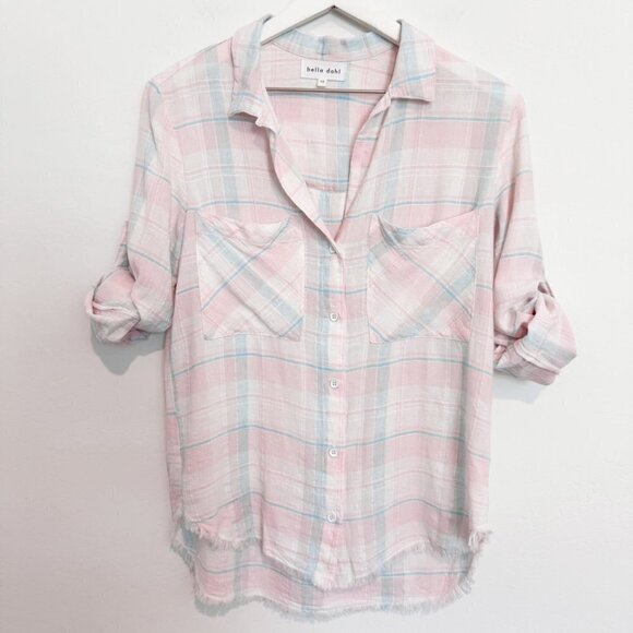 Bella Dahl Linen Blend Two Pocket Fray Hem Button Front Shirt Pink Blue Size XS - Picture 7 of 7